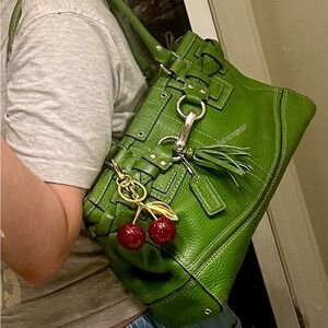 Coach Green Leather Tote with Cherry Charm